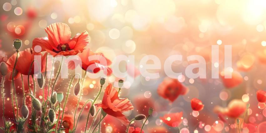 Red poppy flowers on bokeh background - Ai Generated
