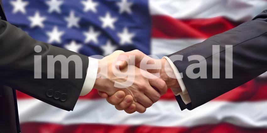 Shaking hands near flag of America background - Ai Generated