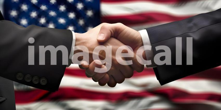 Shaking hands near flag of America background - Ai Generated
