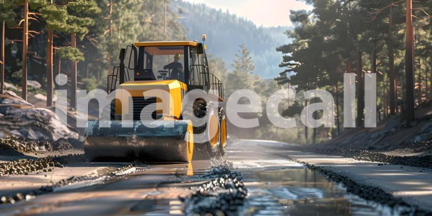 Road construction utilizing a roller compactor - Ai Generated