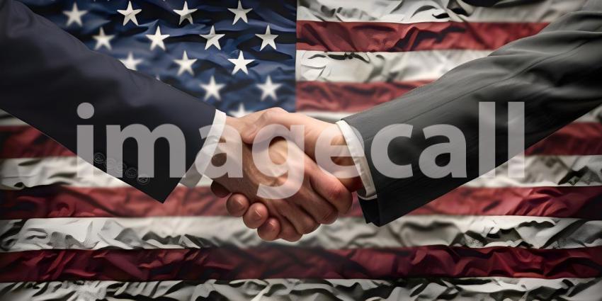 Shaking hands near flag of America background - Ai Generated