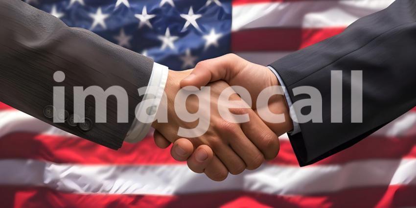 Shaking hands near flag of America background - Ai Generated