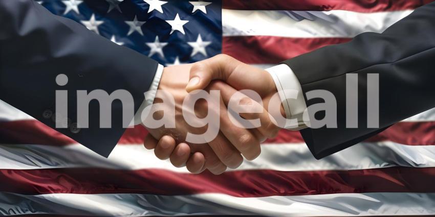 Shaking hands near flag of America background - Ai Generated
