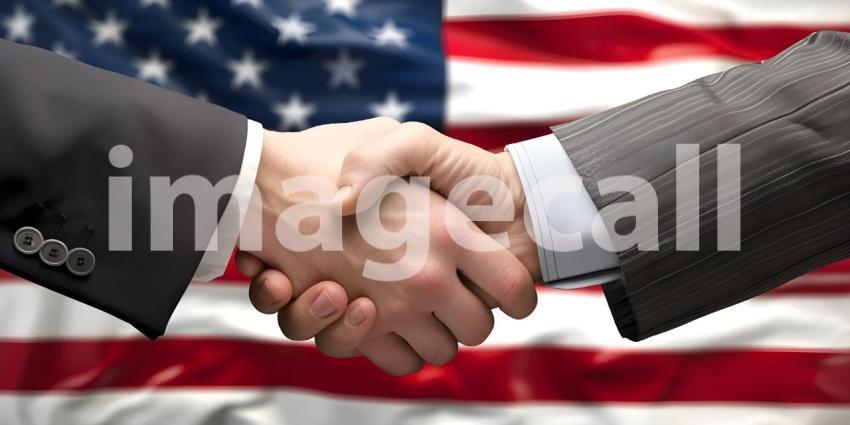 Shaking hands near flag of America background - Ai Generated