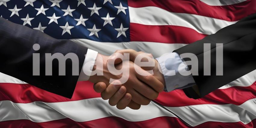 Shaking hands near flag of America background - Ai Generated