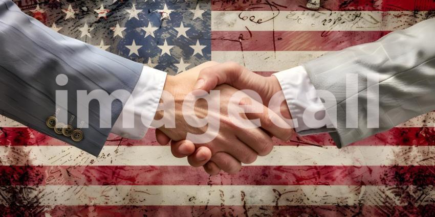 Shaking hands near flag of America background - Ai Generated
