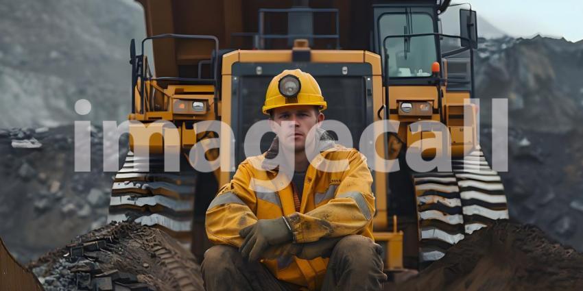 Mining worker posing in front of large dozer background - Ai Generated