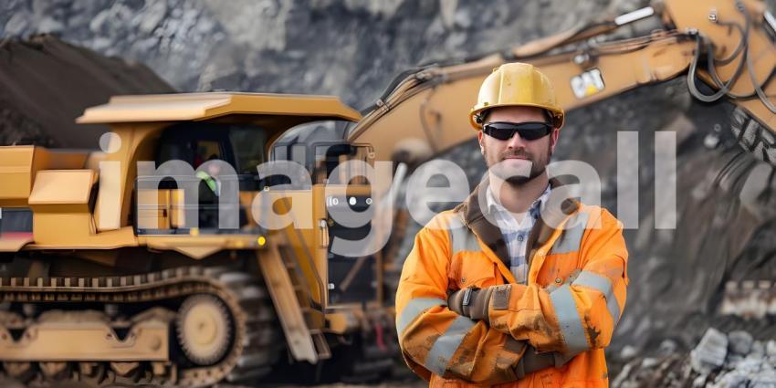 Mining worker posing in front of large dozer background - Ai Generated