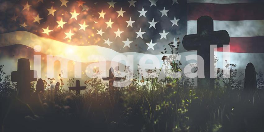 National Cemetery with American flag background - Ai Generated