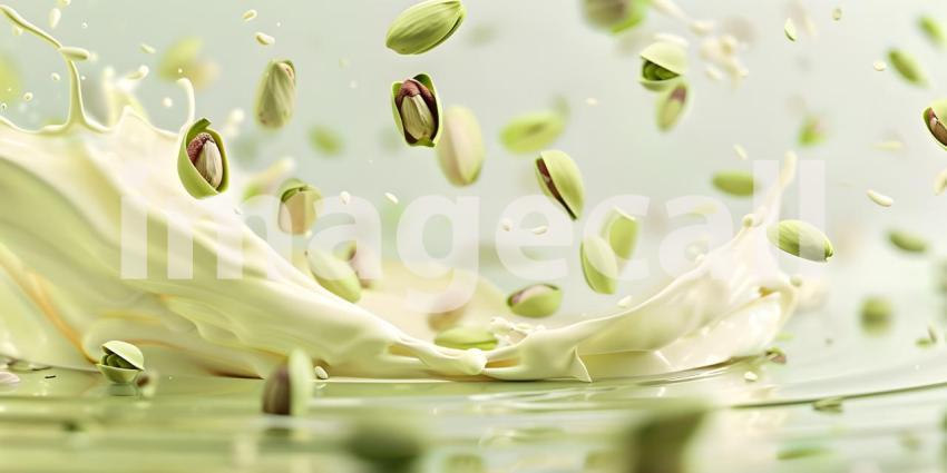 Pistachio falling on a layer of white hot chocolate background - Ai Generated