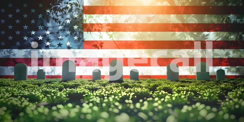 National Cemetery with American flag background - Ai Generated