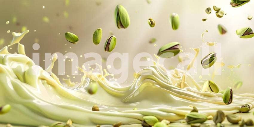 Pistachio falling on a layer of white hot chocolate background - Ai Generated