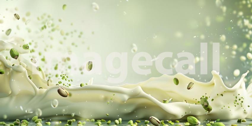 Pistachio falling on a layer of white hot chocolate background - Ai Generated