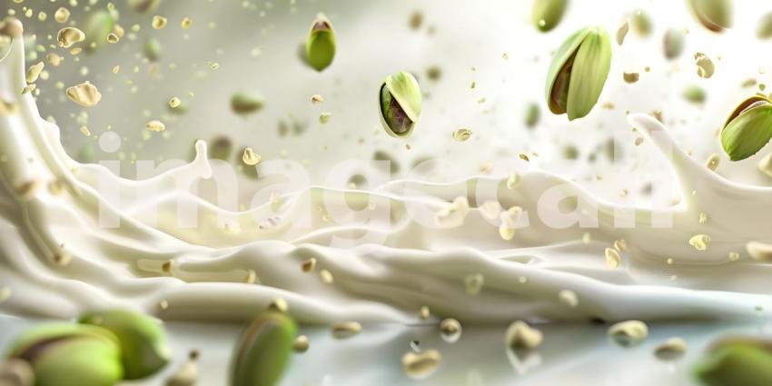 Pistachio falling on a layer of white hot chocolate background - Ai Generated