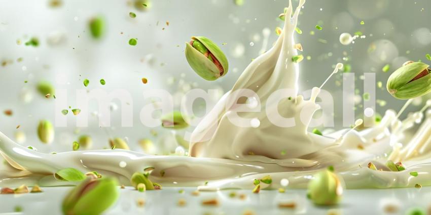 Pistachio falling on a layer of white hot chocolate background - Ai Generated