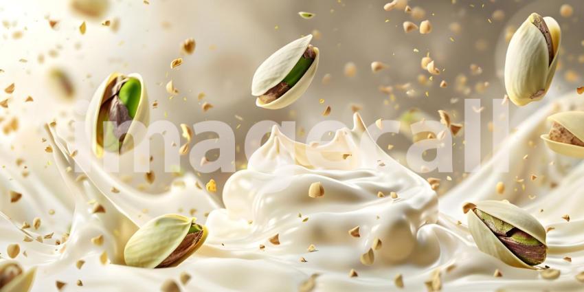 Pistachio falling on a layer of white hot chocolate background - Ai Generated