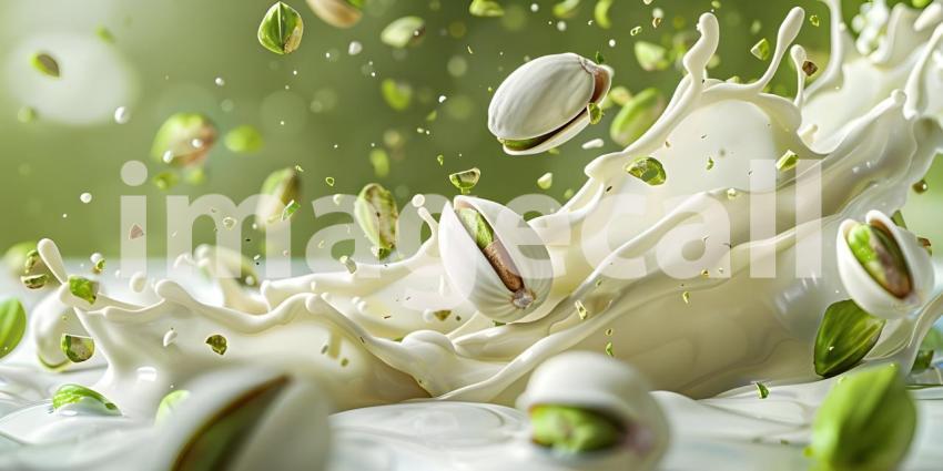 Pistachio falling on a layer of white hot chocolate background - Ai Generated