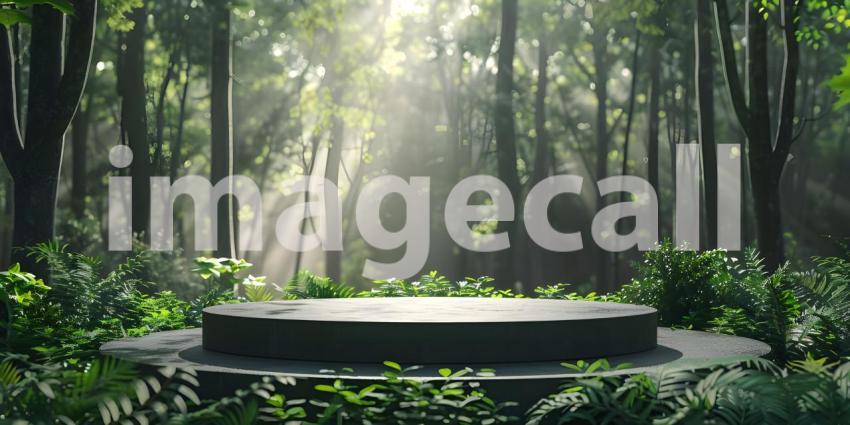 Podium in forest for product presentation and green background - Ai Generated