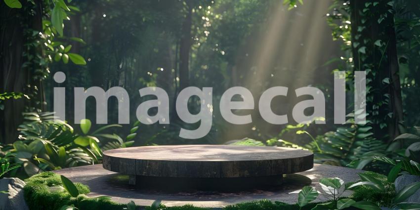 Podium in forest for product presentation and green background - Ai Generated