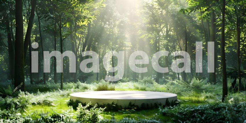 Podium in forest for product presentation and green background - Ai Generated