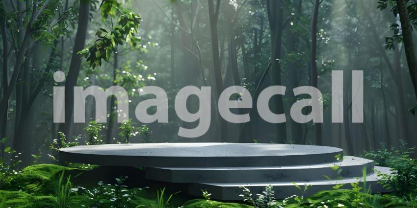 Podium in forest for product presentation and green background - Ai Generated