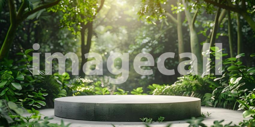 Podium in forest for product presentation and green background - Ai Generated
