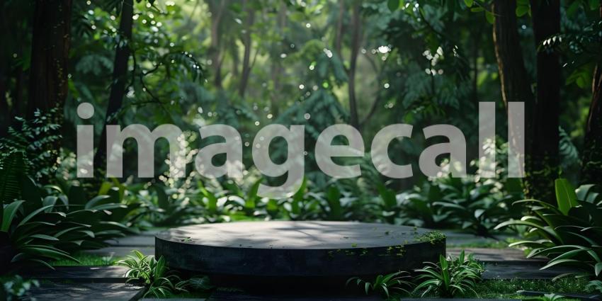 Podium in forest for product presentation and green background - Ai Generated