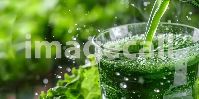 Pouring green juice into a glass background - Ai Generated