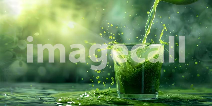 Pouring green juice into a glass background - Ai Generated
