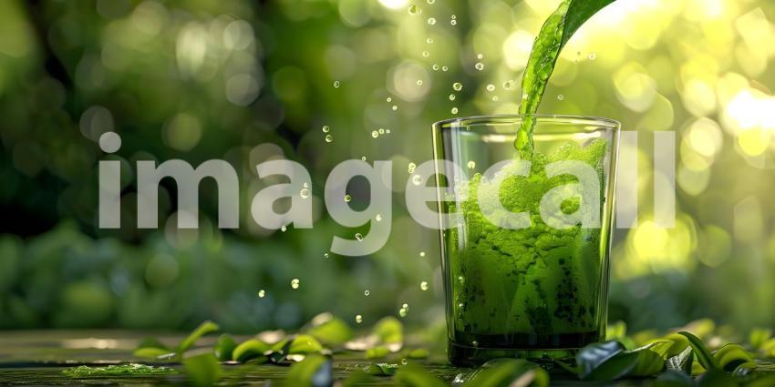 Pouring green juice into a glass background - Ai Generated