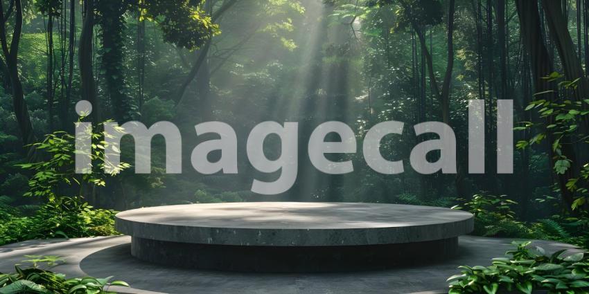 Podium in forest for product presentation and green background - Ai Generated