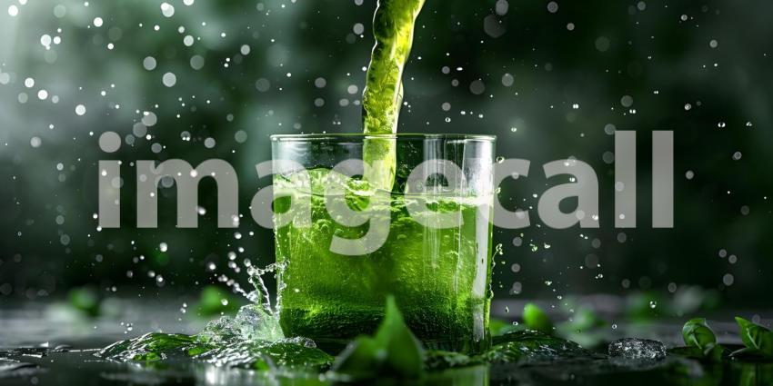 Pouring green juice into a glass background - Ai Generated