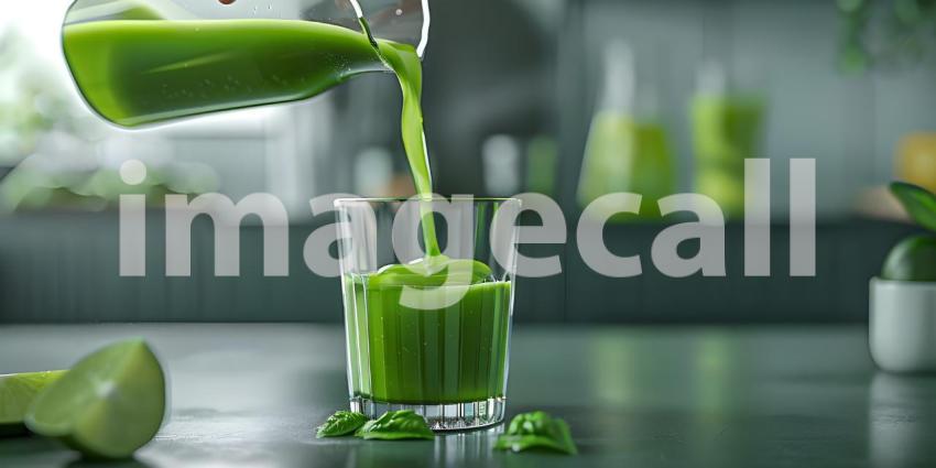 Pouring green juice into a glass background - Ai Generated