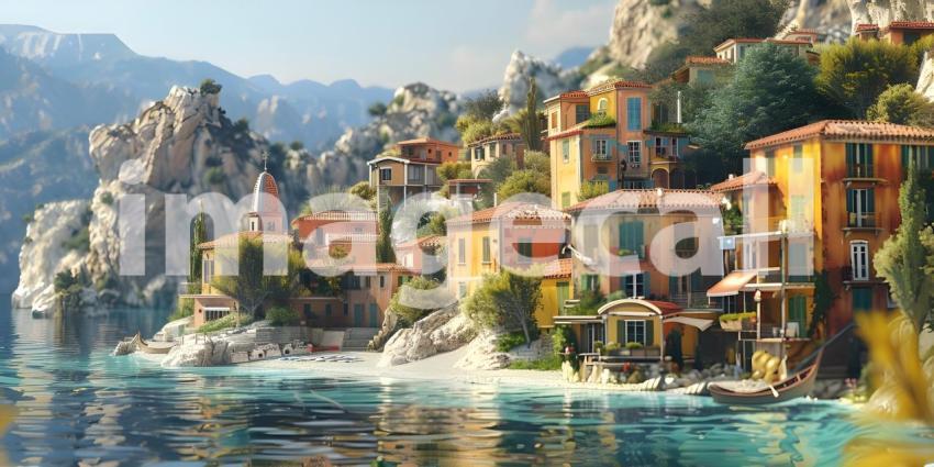 Small town on the Mediterranean Sea background - Ai Generated