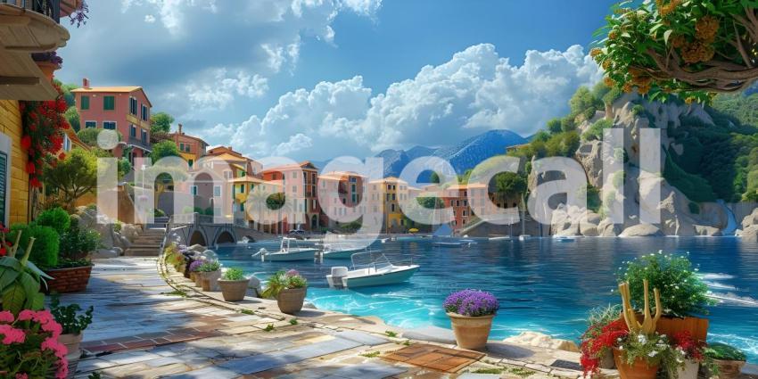 Small town on the Mediterranean Sea background - Ai Generated