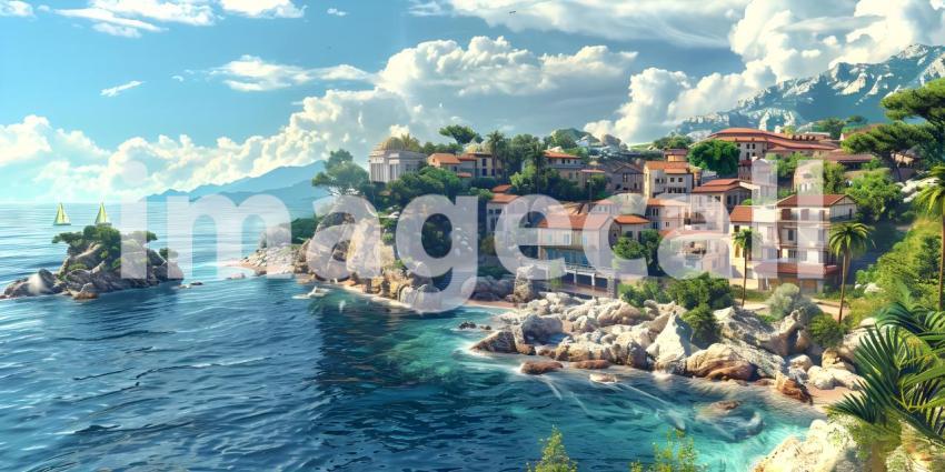 Small town on the Mediterranean Sea background - Ai Generated