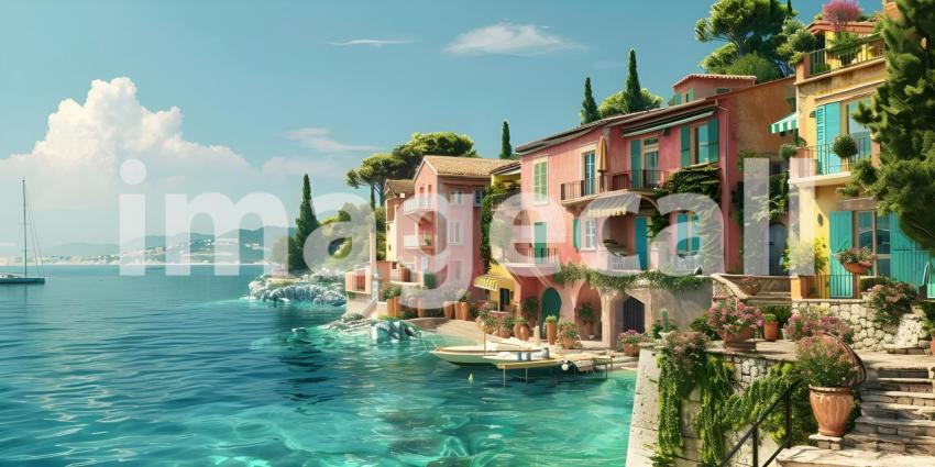 Small town on the Mediterranean Sea background - Ai Generated