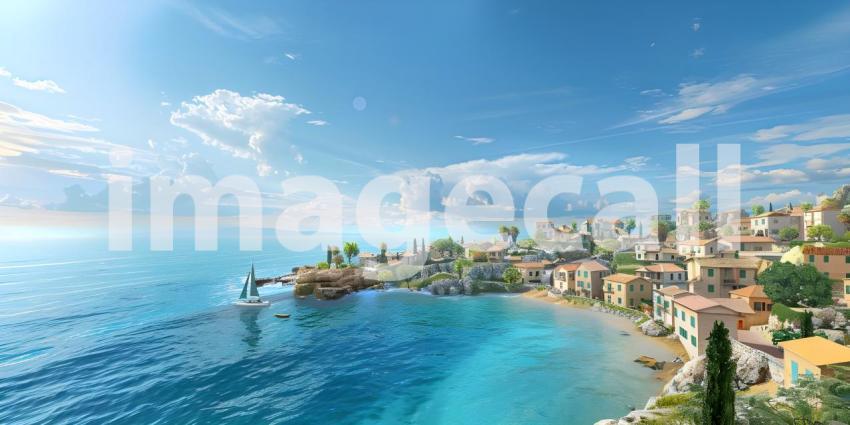 Small town on the Mediterranean Sea background - Ai Generated
