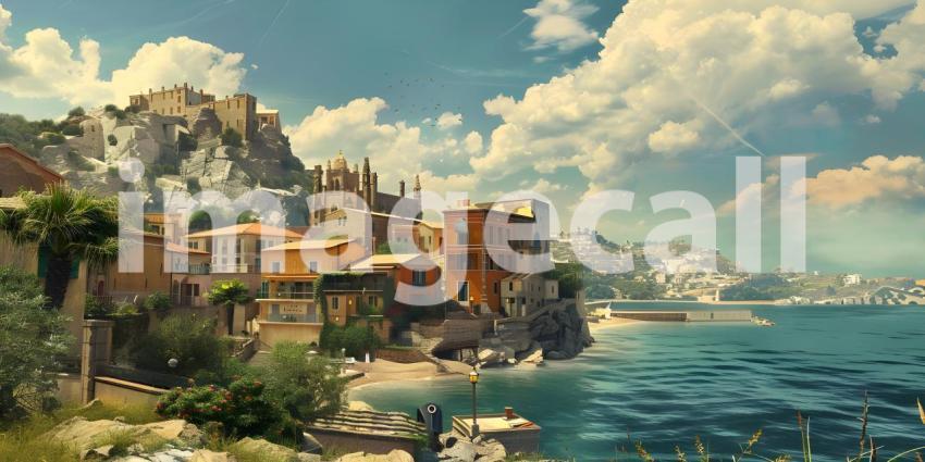 Small town on the Mediterranean Sea background - Ai Generated