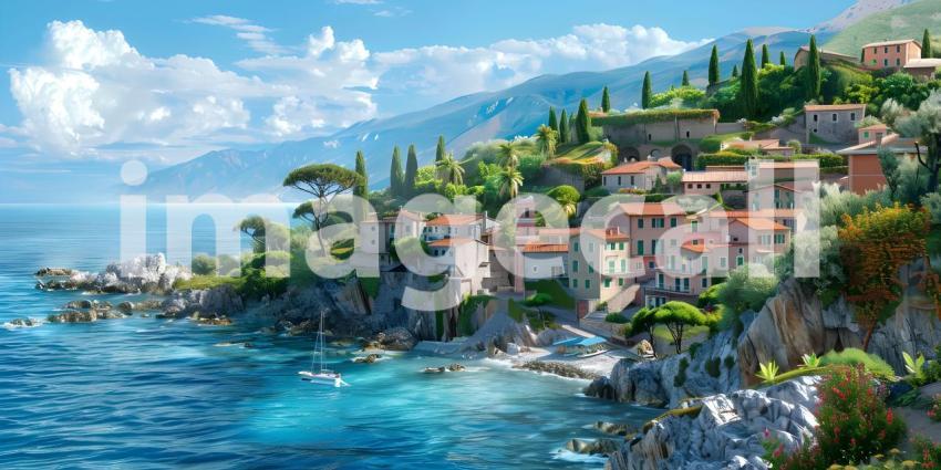 Small town on the Mediterranean Sea background - Ai Generated