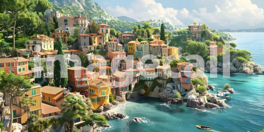 Small town on the Mediterranean Sea background - Ai Generated