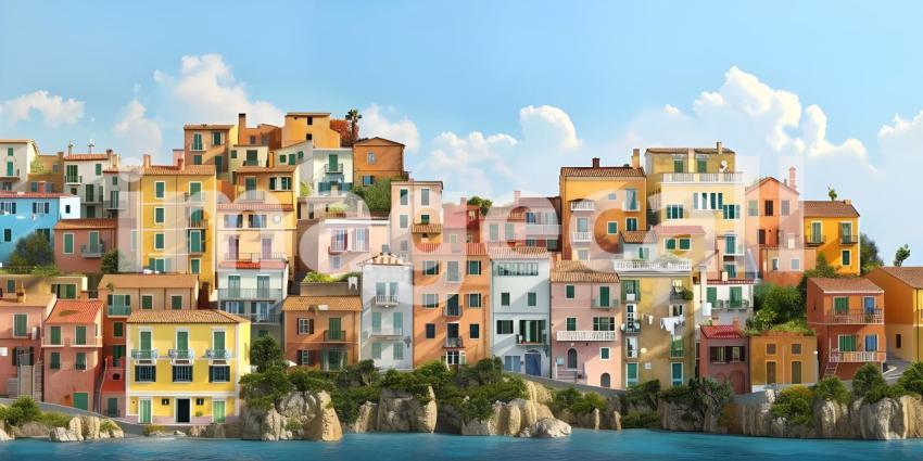 Small town on the Mediterranean Sea background - Ai Generated