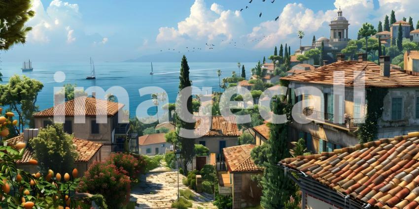 Small town on the Mediterranean Sea background - Ai Generated
