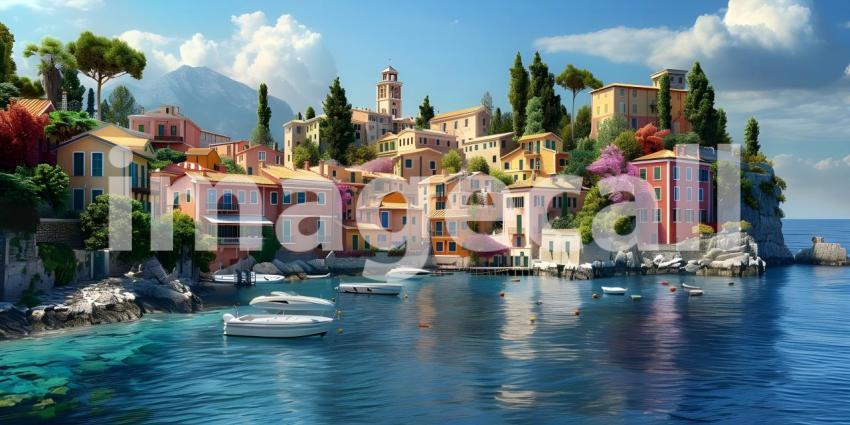 Small town on the Mediterranean Sea background - Ai Generated