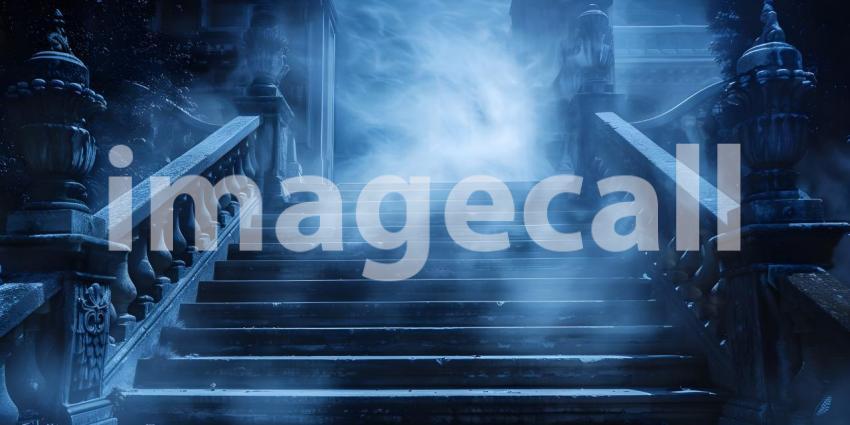 Spooky staircase with fog and a glowing ghostly apparition background - Ai Generated