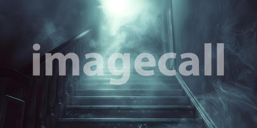 Spooky staircase with fog and a glowing ghostly apparition background - Ai Generated