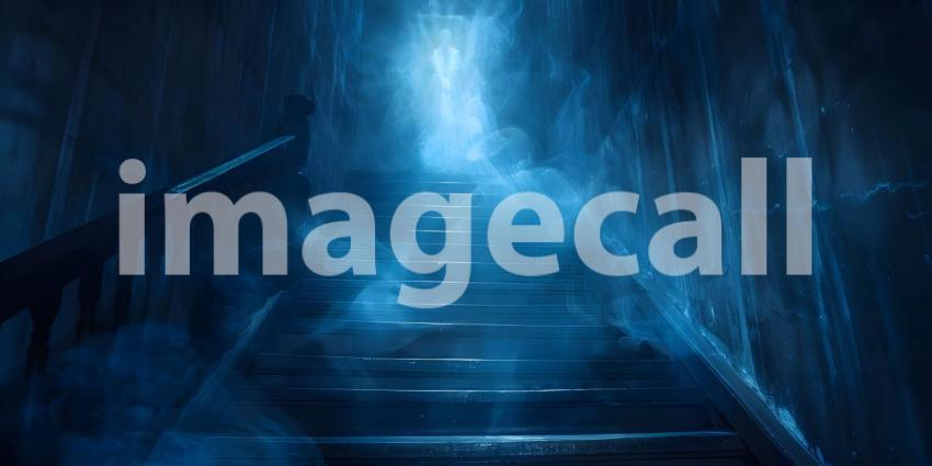 Spooky staircase with fog and a glowing ghostly apparition background - Ai Generated