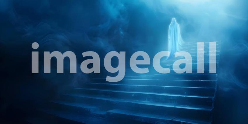 Spooky staircase with fog and a glowing ghostly apparition background - Ai Generated