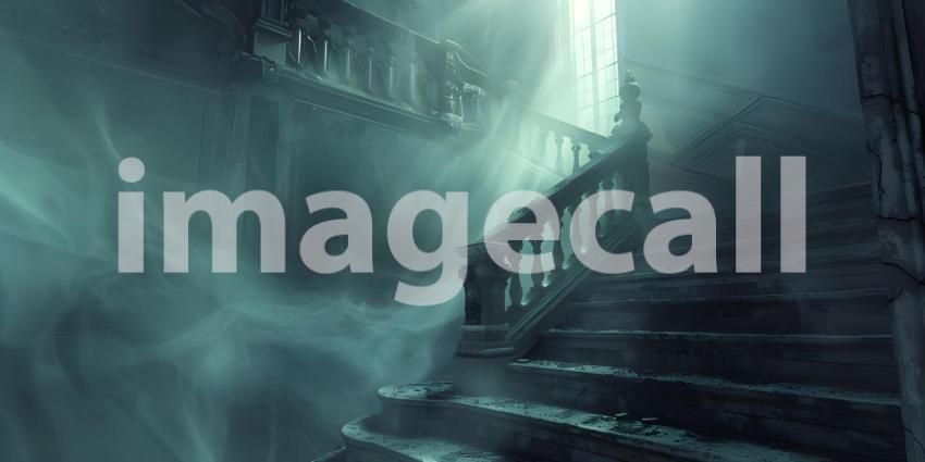 Spooky staircase with fog and a glowing ghostly apparition background - Ai Generated