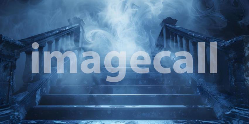 Spooky staircase with fog and a glowing ghostly apparition background - Ai Generated